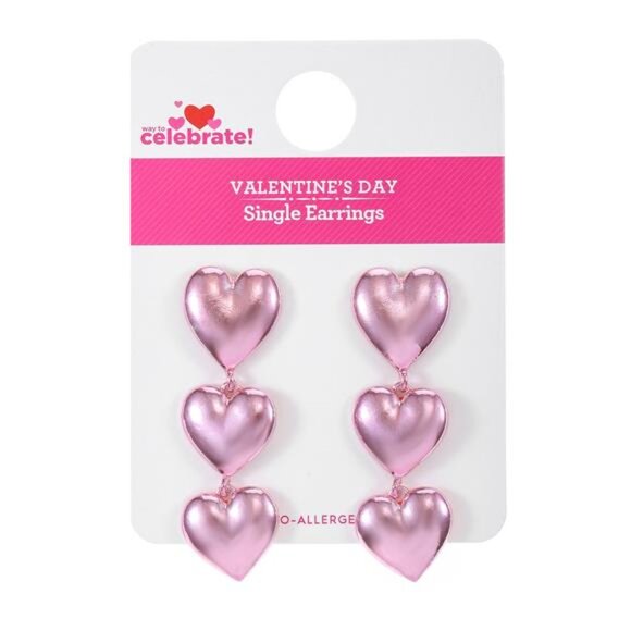 Valentine Day Dangle Linear Pink Heart Drop Earrings for Women Romantic Jewelry - Picture 3 of 4